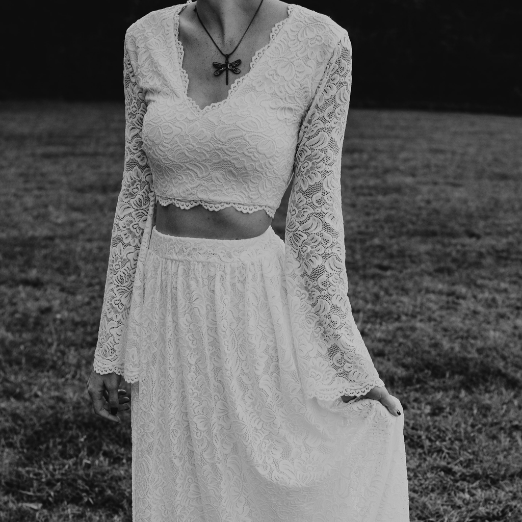 Wedding Dress Separates, Ivory Long Bell Sleeves Top & Maxi Train Lace Skirt