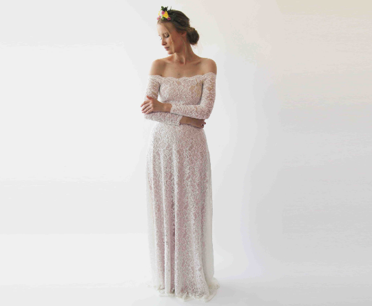 Ivory Blush Off Shoulder Wedding  Dress #1257