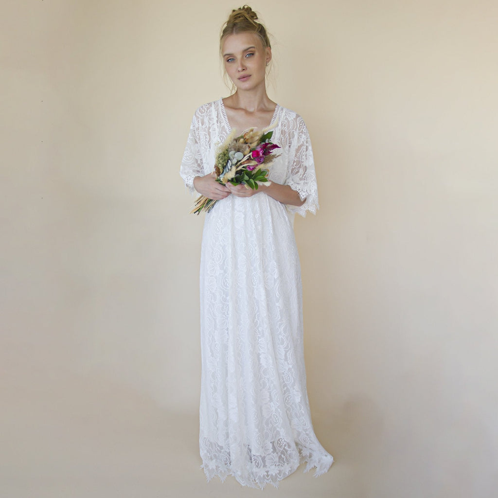 Lace Ivory Bridal Kaftan ,Bat Sleeves Lace Wedding Dress #1367