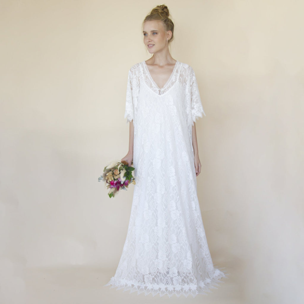 Lace Ivory Bridal Kaftan ,Bat Sleeves Lace Wedding Dress #1367