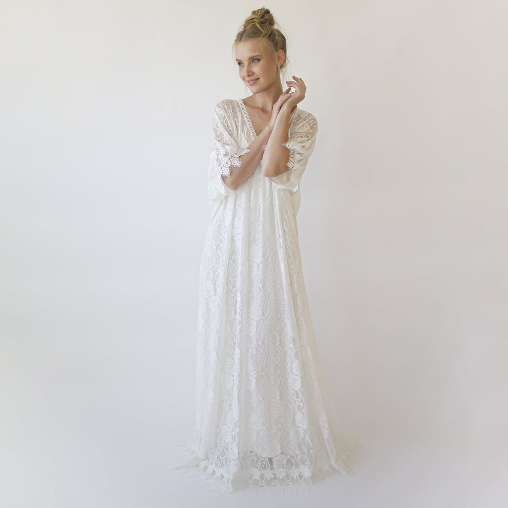 Lace Ivory Bridal Kaftan ,Bat Sleeves Lace Wedding Dress #1367