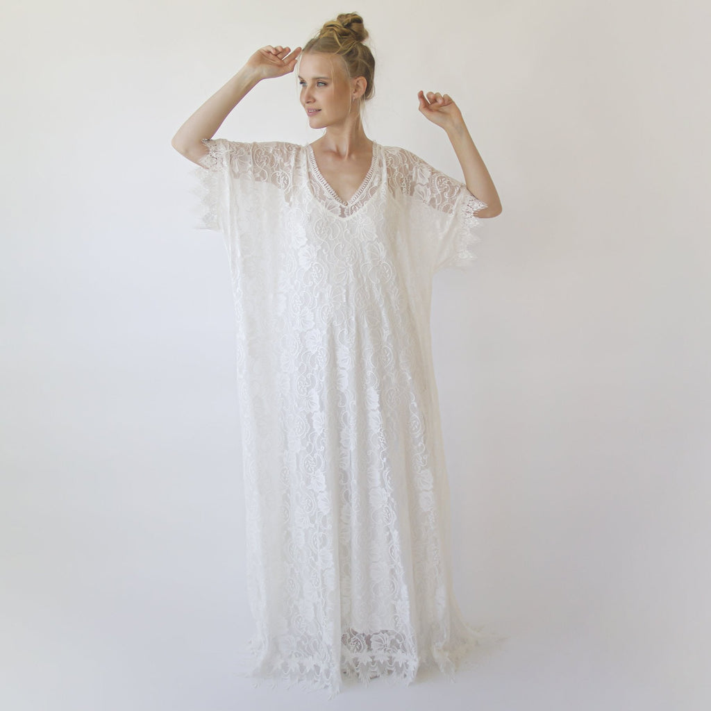 Lace Ivory Bridal Kaftan ,Bat Sleeves Lace Wedding Dress #1367