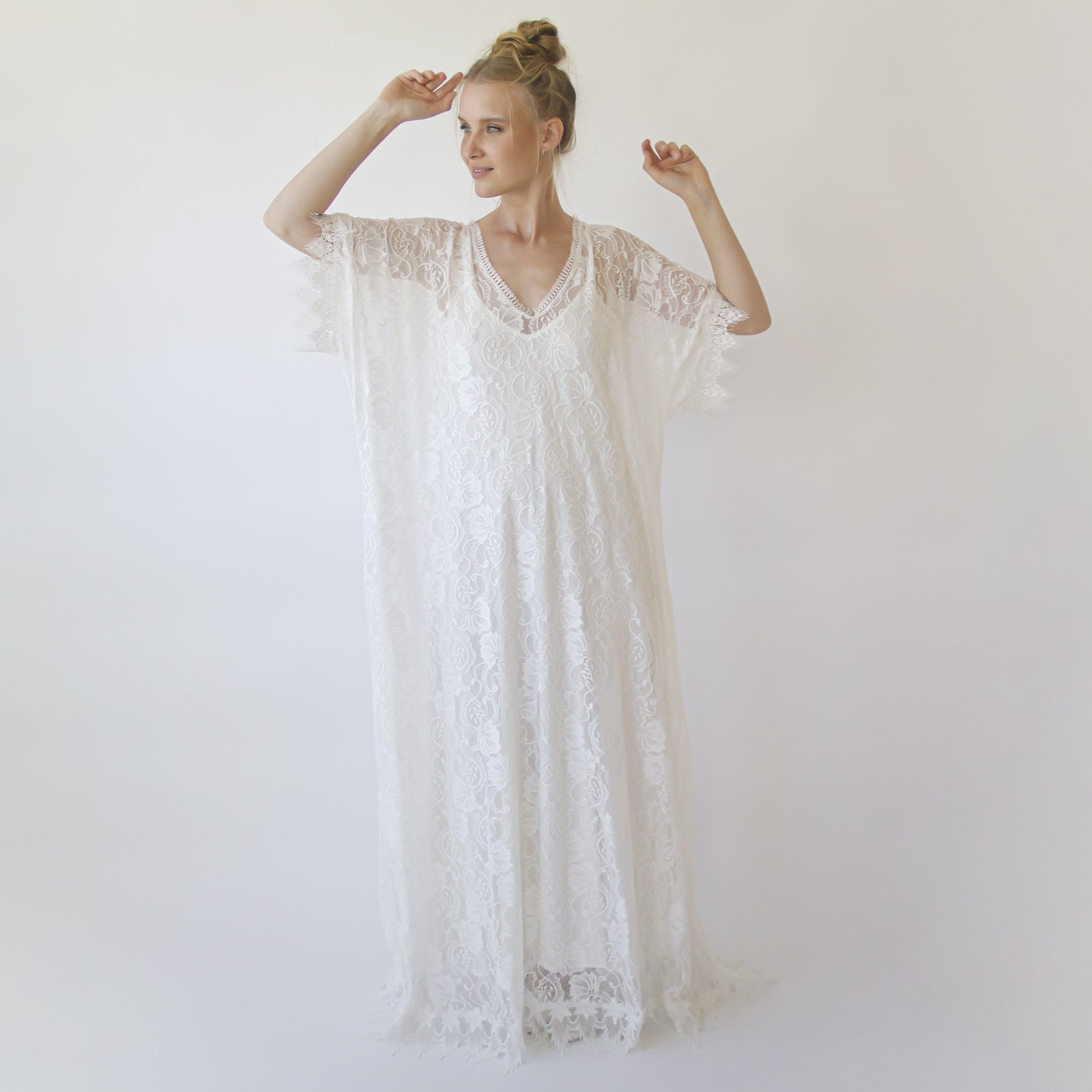 Lace Ivory Bridal Kaftan ,Bat Sleeves Lace Wedding Dress #1367