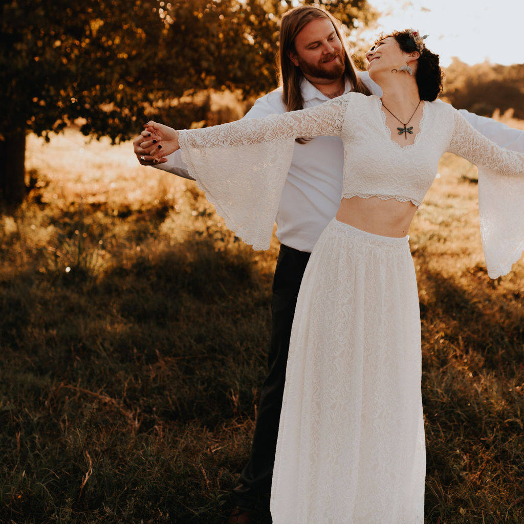 Wedding Dress Separates, Ivory Long Bell Sleeves Top & Maxi Train Lace Skirt
