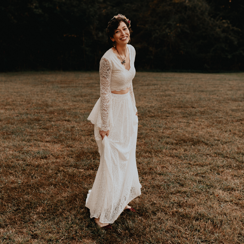 Wedding Dress Separates, Ivory Long Bell Sleeves Top & Maxi Train Lace Skirt