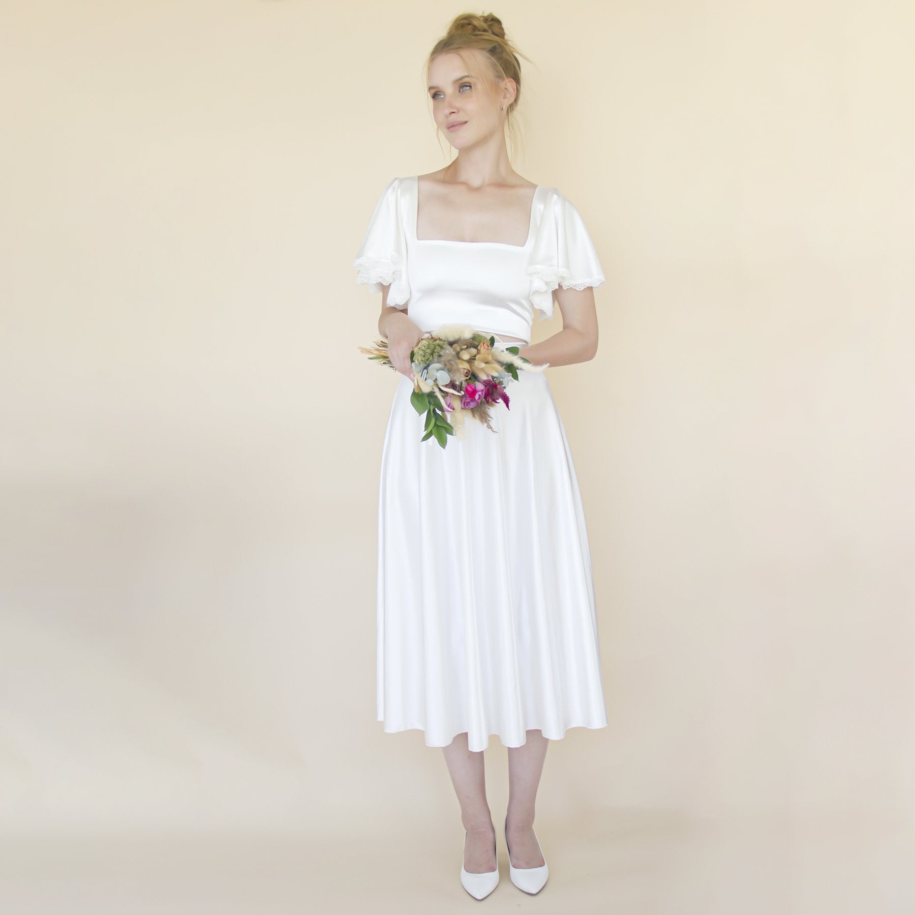 Silky Wedding Midi Skirt, Bridal Satin Tea Length Wedding Skirt #3039