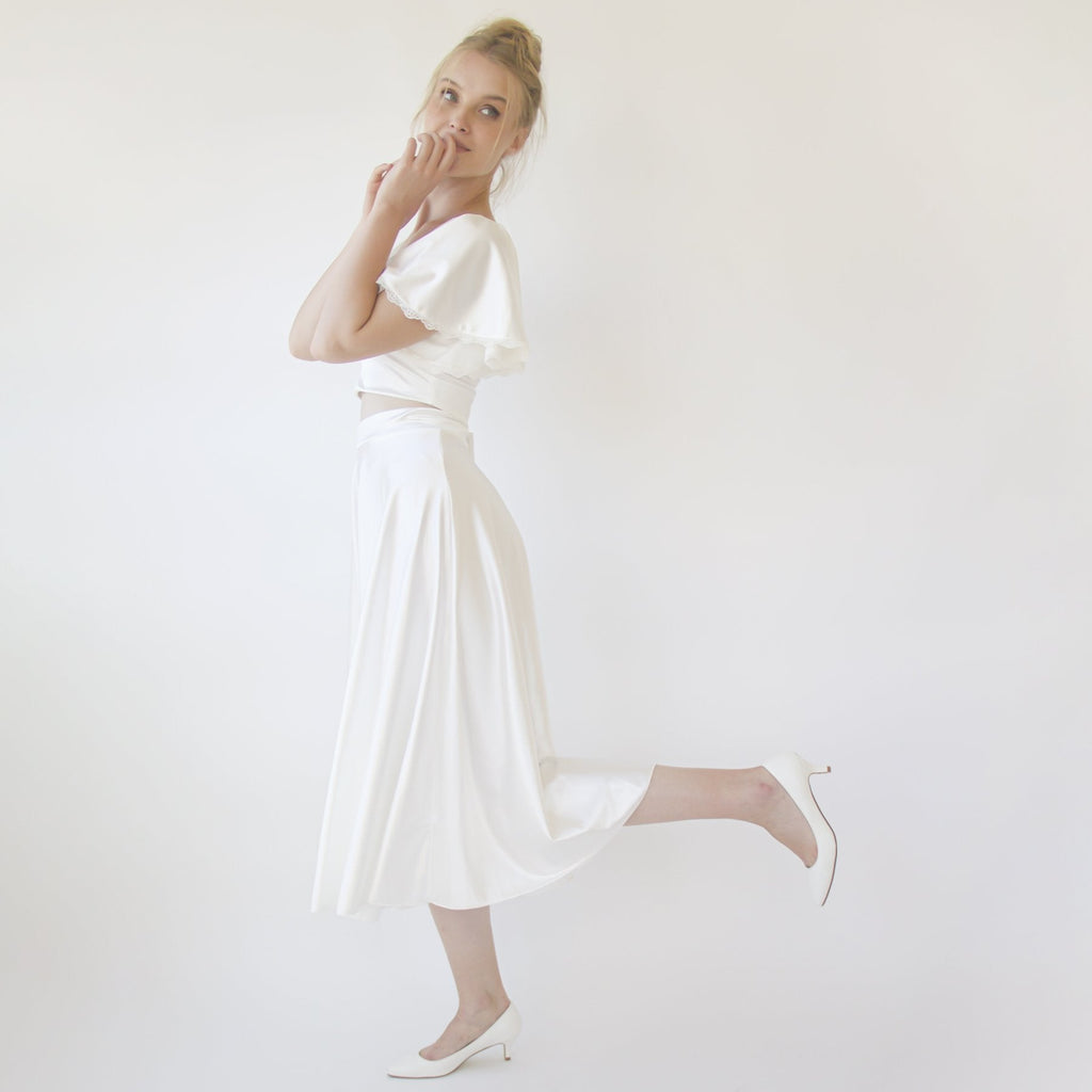 Silky Wedding Midi Skirt, Bridal Satin Tea Length Wedding Skirt #3039