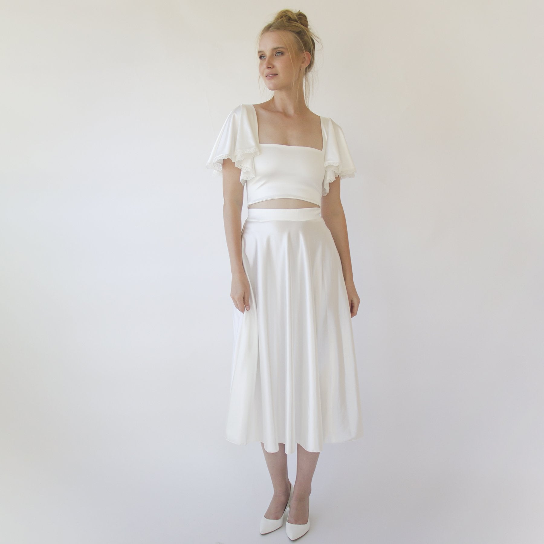 Silky Wedding Midi Skirt, Bridal Satin Tea Length Wedding Skirt #3039