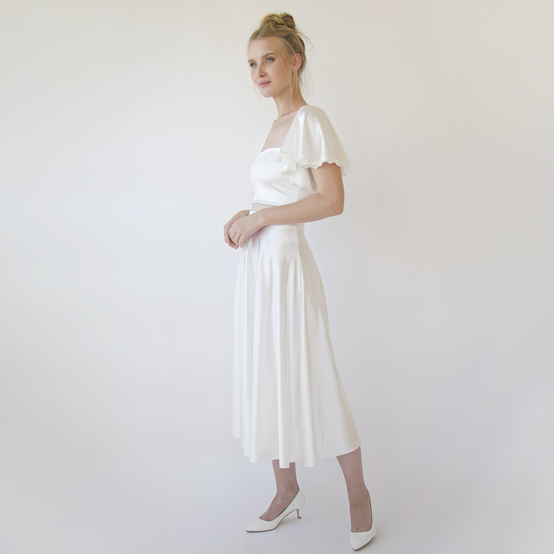 Silky Wedding Midi Skirt, Bridal Satin Tea Length Wedding Skirt #3039