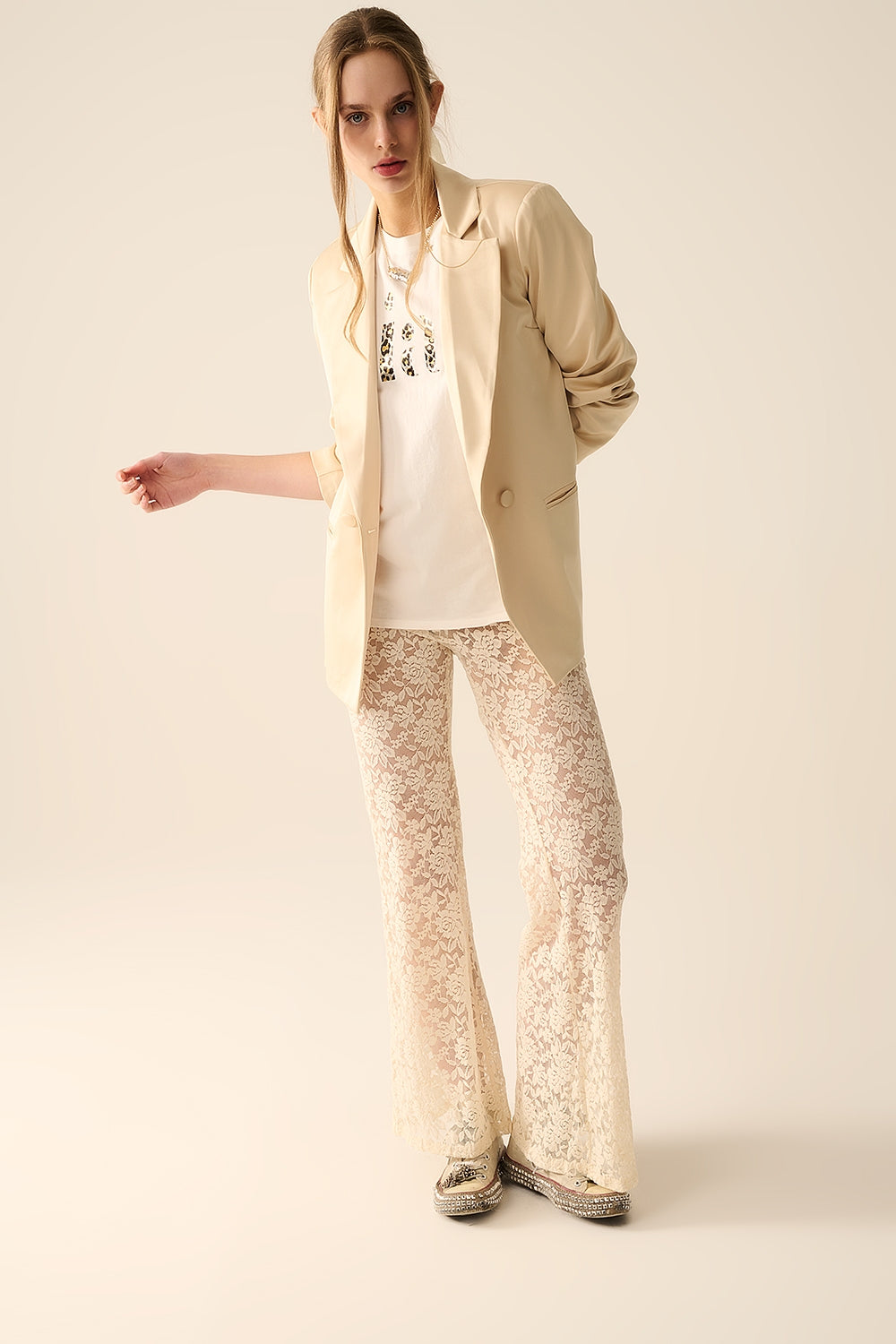 Cream Flare Pants in Floral Lace