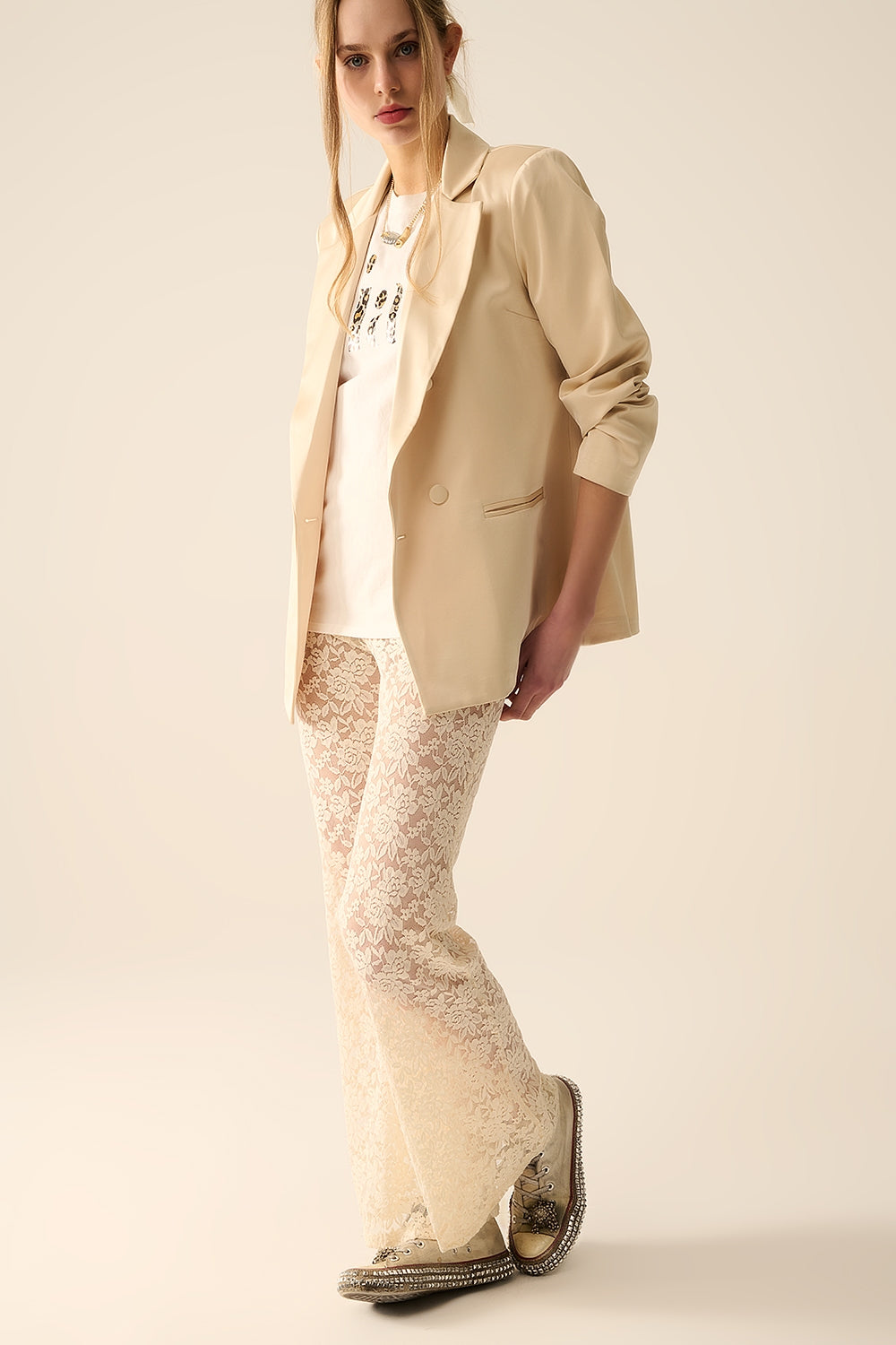Cream Flare Pants in Floral Lace