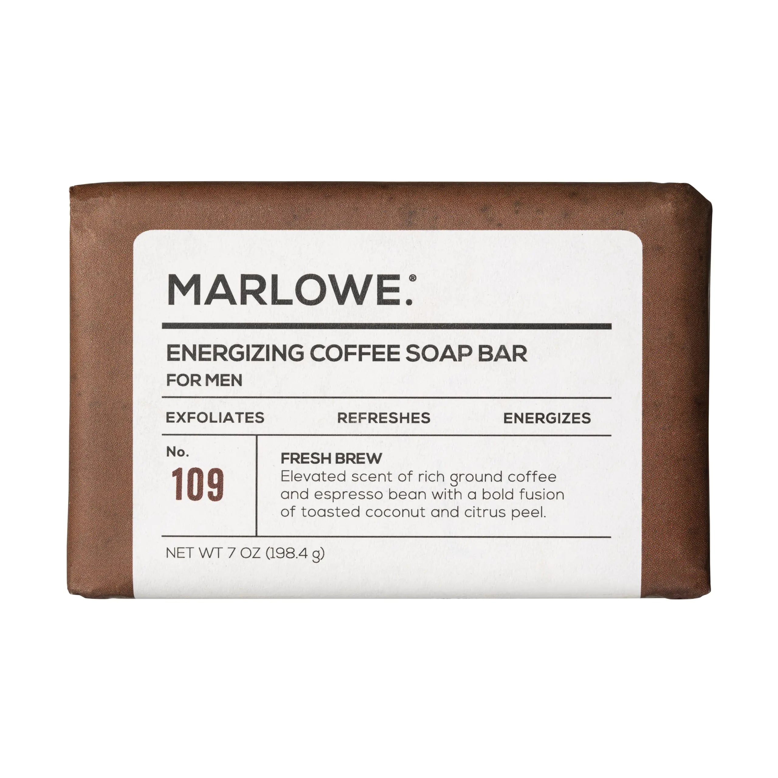 MARLOWE. No. 109 Coffee Bar Soap 7 oz Body Scrub Soap for Men Refreshing Energizing & Exfoliating with Natural Extracts Caffeine Coffee Beans & Cocoa Butter Fresh Brewed Scent