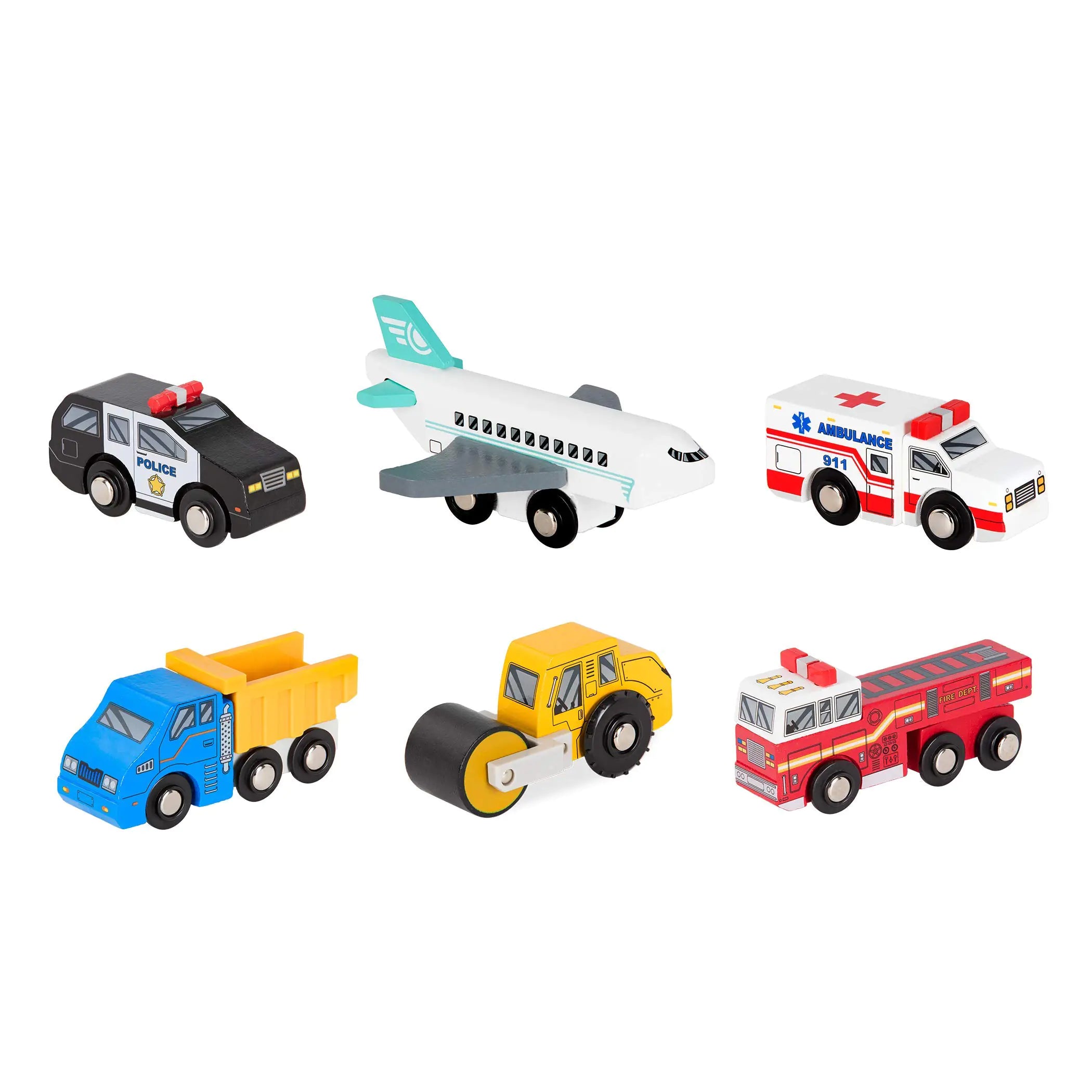 Battat – Miniature Toy Cars – 6Pcs Wooden Minis – Classic Rescue & Construction Vehicles – Steamroller Dump Truck – 3 Years + – Wooden Vehicles Set 2
