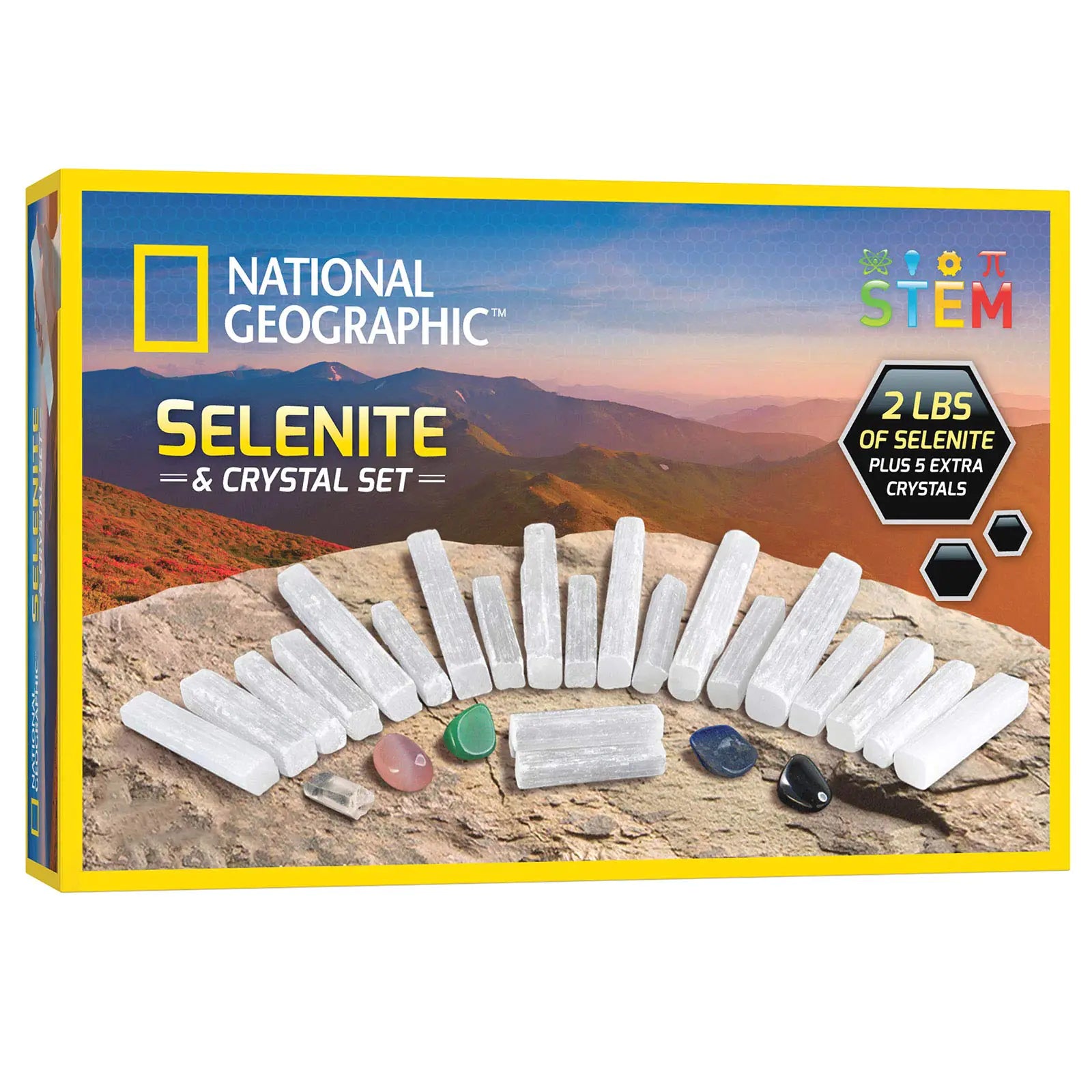 National Geographic Selenite Crystal Set - 2 lbs of Bulk Selenite Wands & 5 Premium Crystals Rose Quartz Hematite Aventurine Blue Quartz Raw Crystals Gemstones