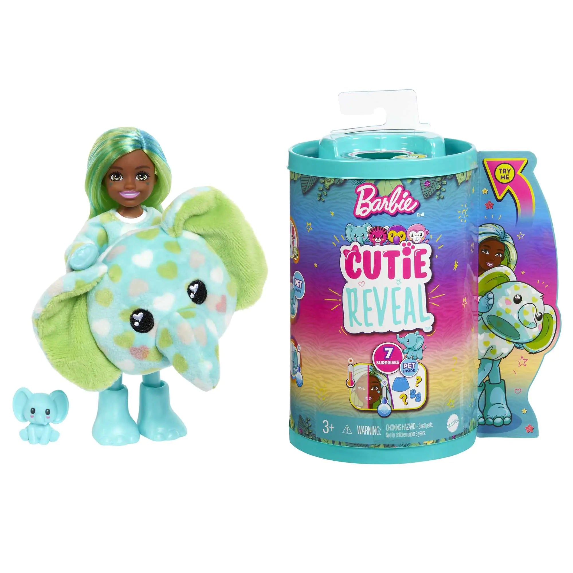 Barbie Cutie Reveal Chelsea Small Doll Jungle Series Elephant Plush Costume 7 Surprises Include Mini Pet & Color Change