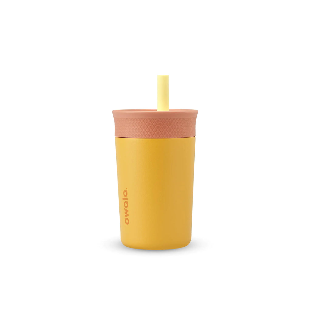 Owala Kids Insulation Stainless Steel Tumbler with Spill Resistant Flexible Straw Easy to Clean Kids Water Bottle Great for Travel Dishwasher Safe 12 Oz Peach and Yellow (Picnic)