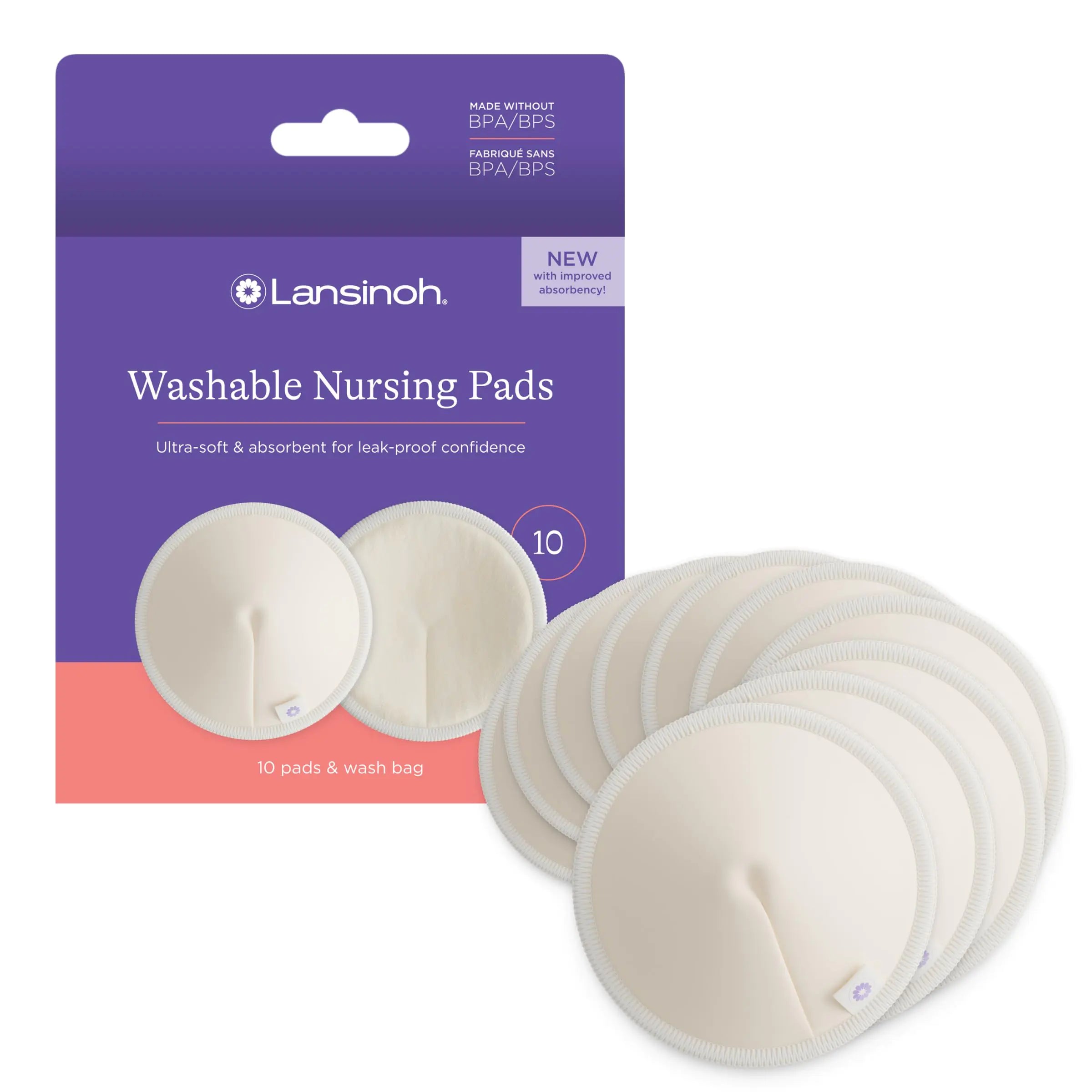 Organic Reusable Nursing Pads with Wash Bag 10 Count by Lansinoh