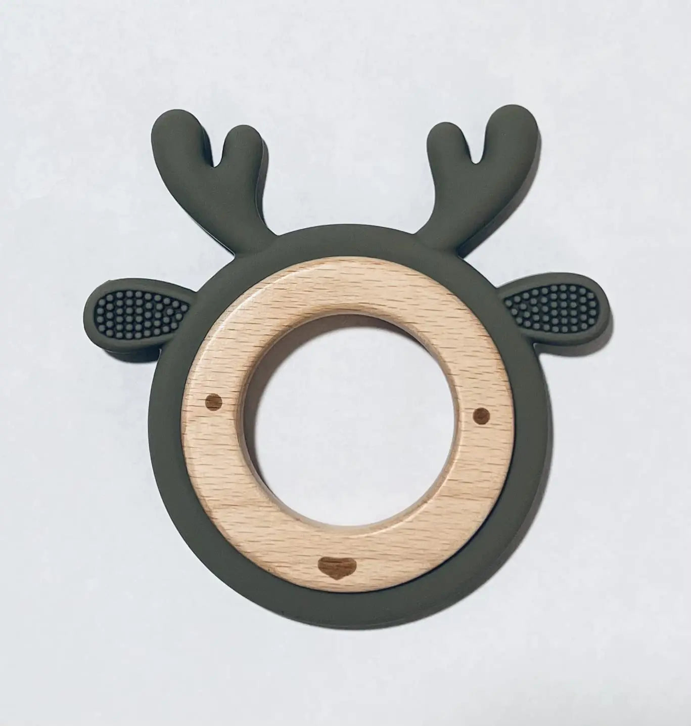 LogiBear Animal Baby Teether Ring for 6+ Months Non-Toxic BPA Free Food Grade Silicone and Beech Wood Baby Tested for Easy Grip and Soothing Teething Pain (Deer Sage)