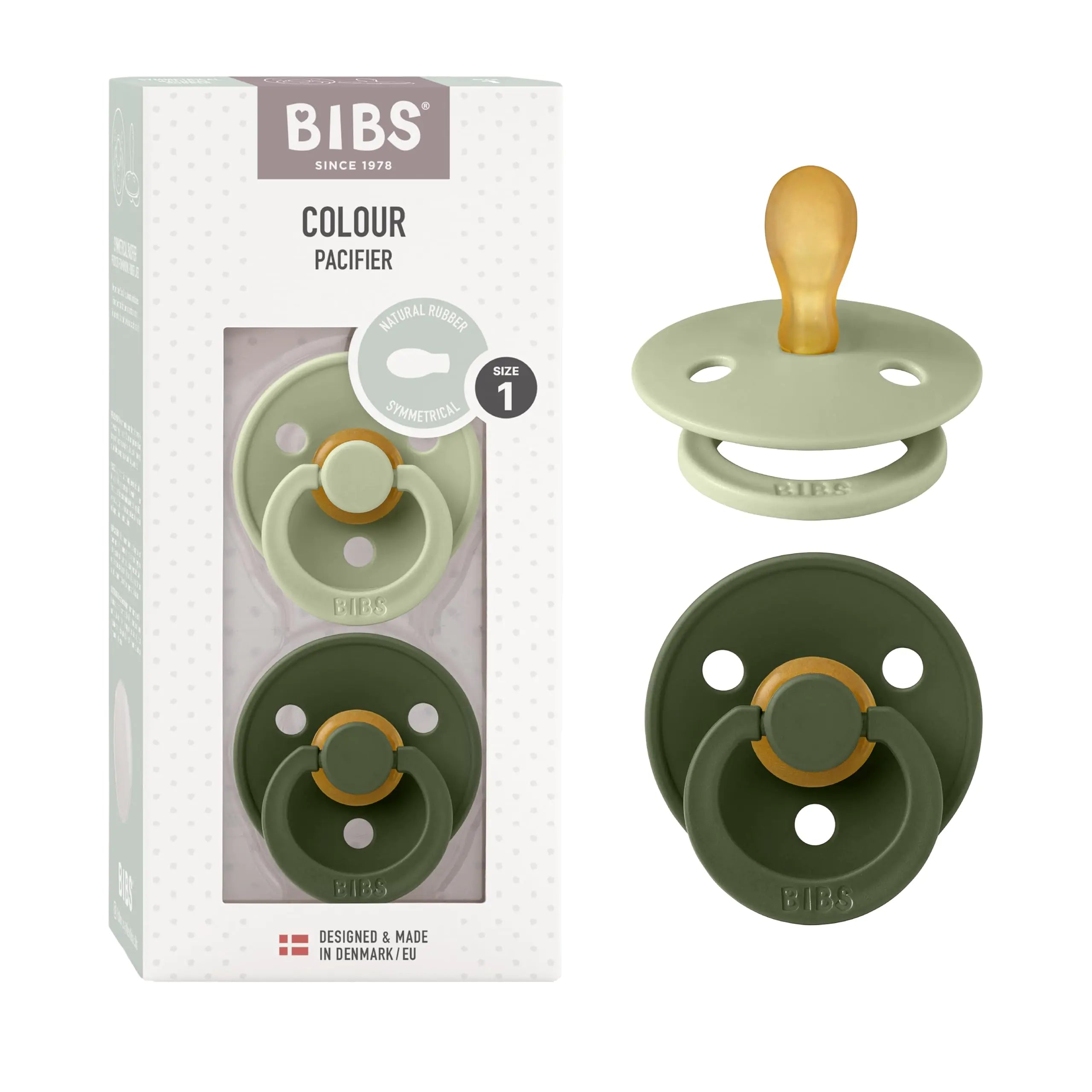 BIBS Pacifiers 0-6 Months | 2-Pack Soothers | BPA-Free Symmetrical Nipple | Made in Denmark | Sage/Hunter Green Colour Pacifier