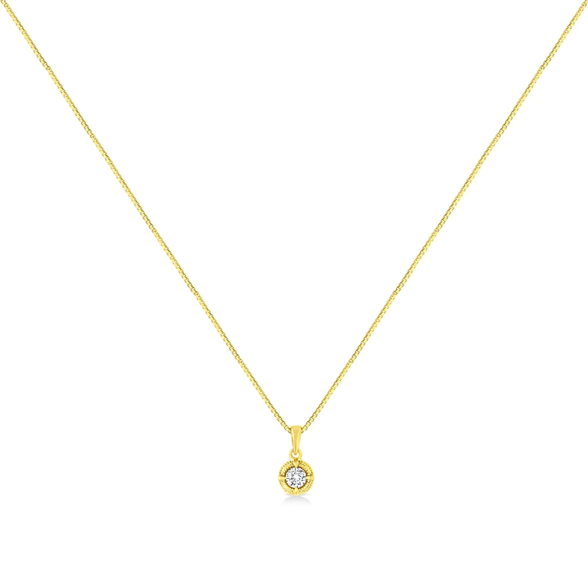 14K Yellow Gold Plated .925 Sterling Silver Brilliant Round Cut Diamond Solitaire Milgrain 18" Pendant Necklace