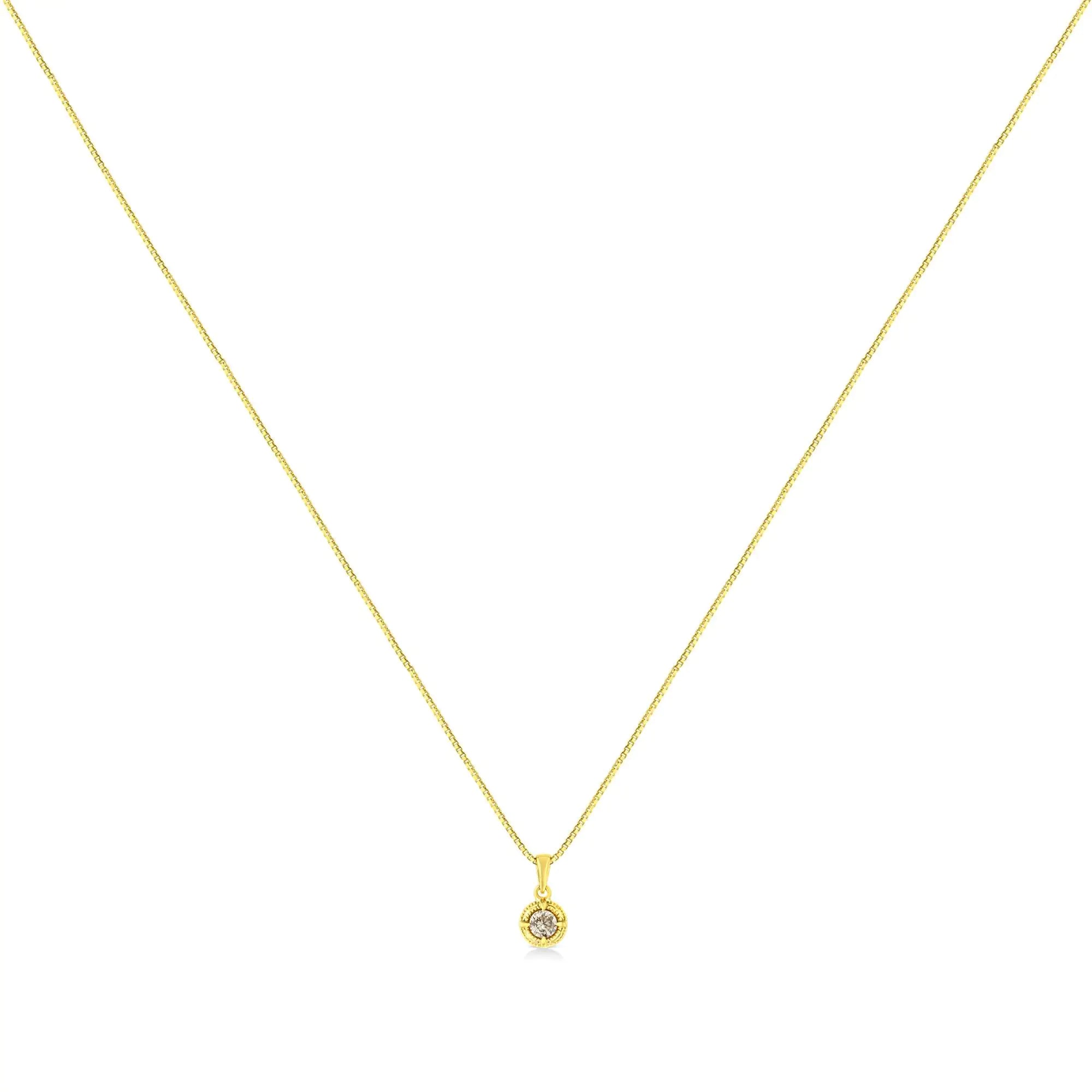 14K Yellow Gold Plated .925 Sterling Silver Brilliant Round Cut Diamond Solitaire Milgrain 18" Pendant Necklace