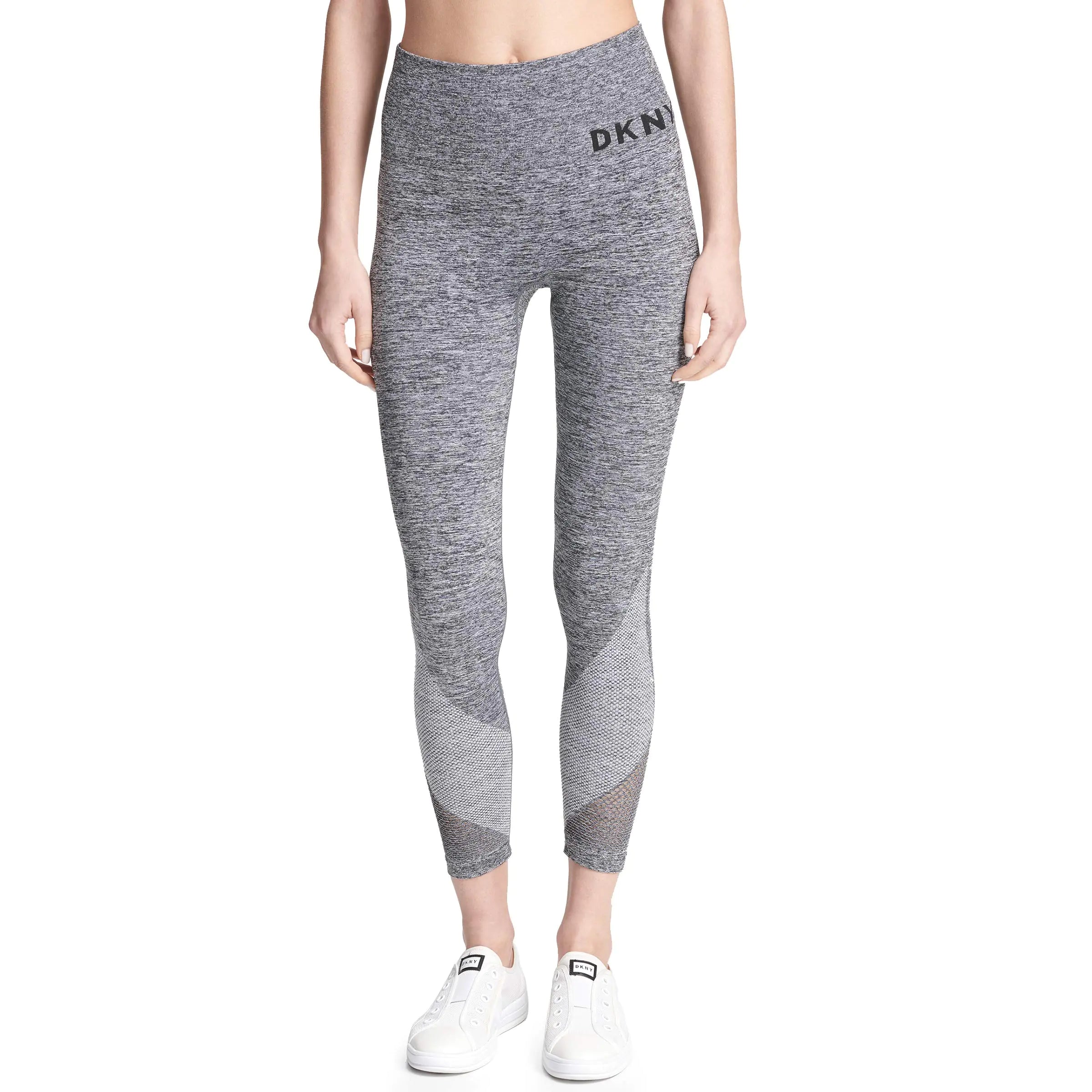 DKNY Womens Tummy Control Workout Yoga Leggings Heather Grey Seamless Tight with Black Logo L