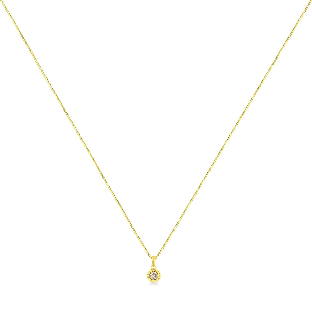 14K Yellow Gold Plated .925 Sterling Silver Brilliant Round Cut Diamond Solitaire Milgrain 18" Pendant Necklace
