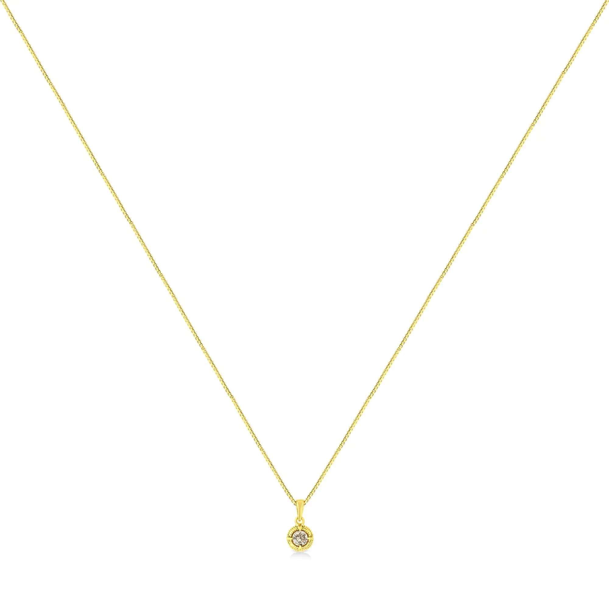 14K Yellow Gold Plated .925 Sterling Silver Brilliant Round Cut Diamond Solitaire Milgrain 18" Pendant Necklace