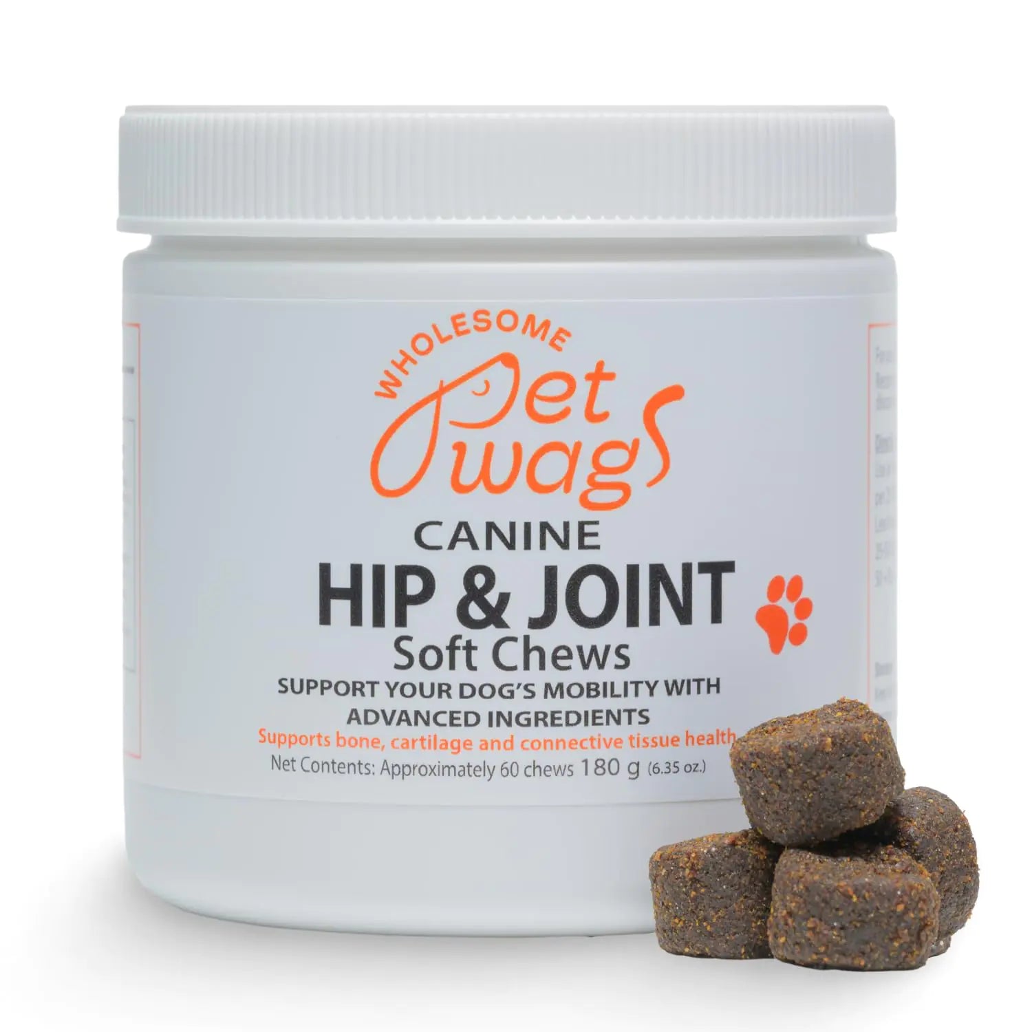 Wholesome Pet Wags Canine Hip & Joint Soft Chews | Supplement for Dogs Glucosamine Collagen Chondroitin Turmeric Supplements Dog Joint Health Support | 60 Chews (180g 6.35 oz.)
