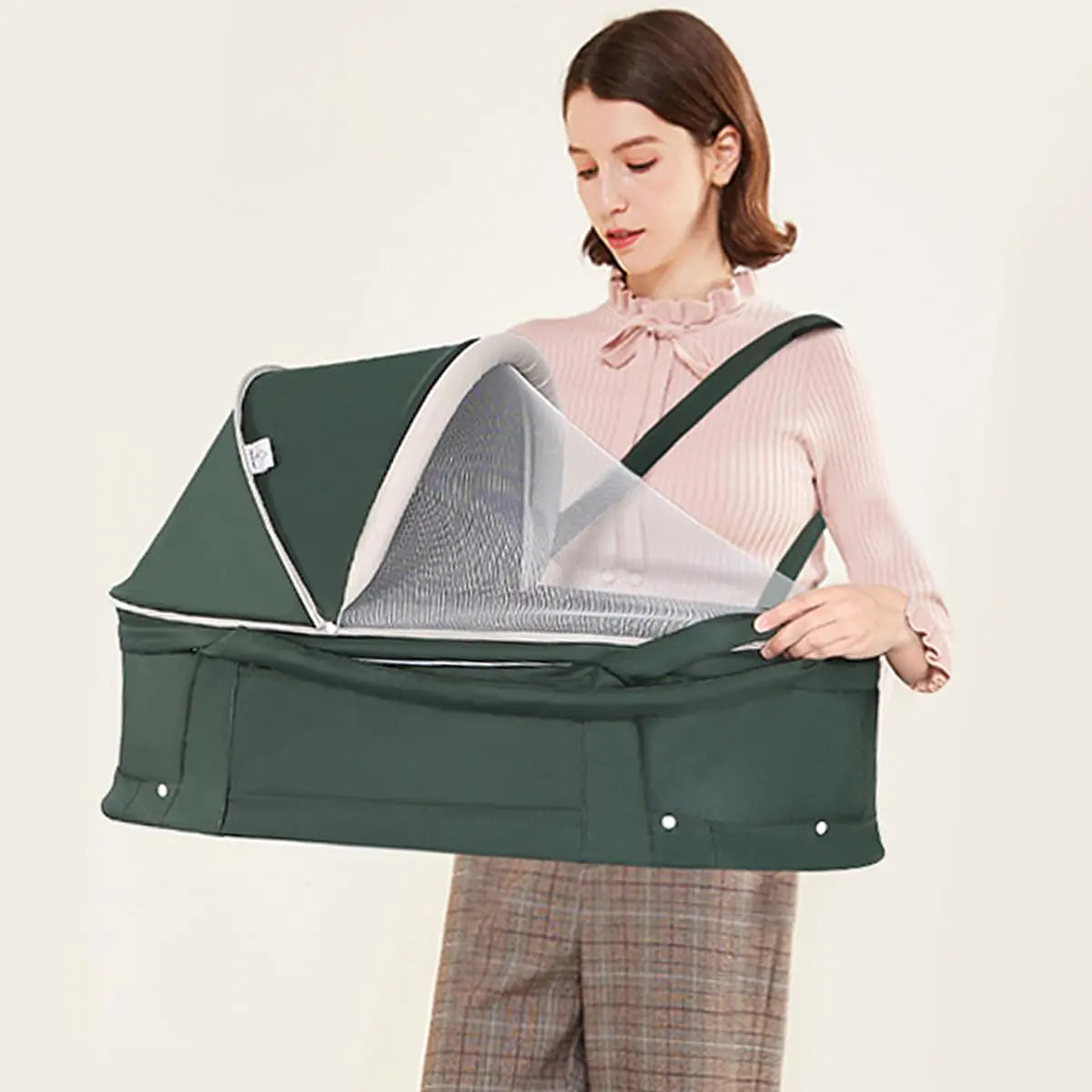 surebaby Baby Travel Bassinet 2 in 1 Portable Travel Bassinet Folding Baby Bed with Sunshade Cover Mini Baby Bassinet Sleeper Bed Washable Foldable for Newborn Baby-DarkGreen