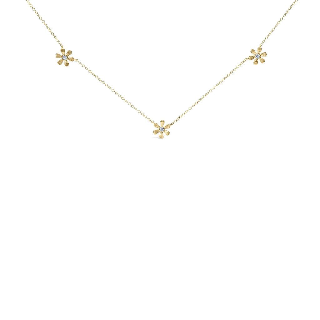10K Yellow Gold 1/8 Cttw Diamond Floral Station Chain Necklace (I-J Color, I1-I2 Clarity)