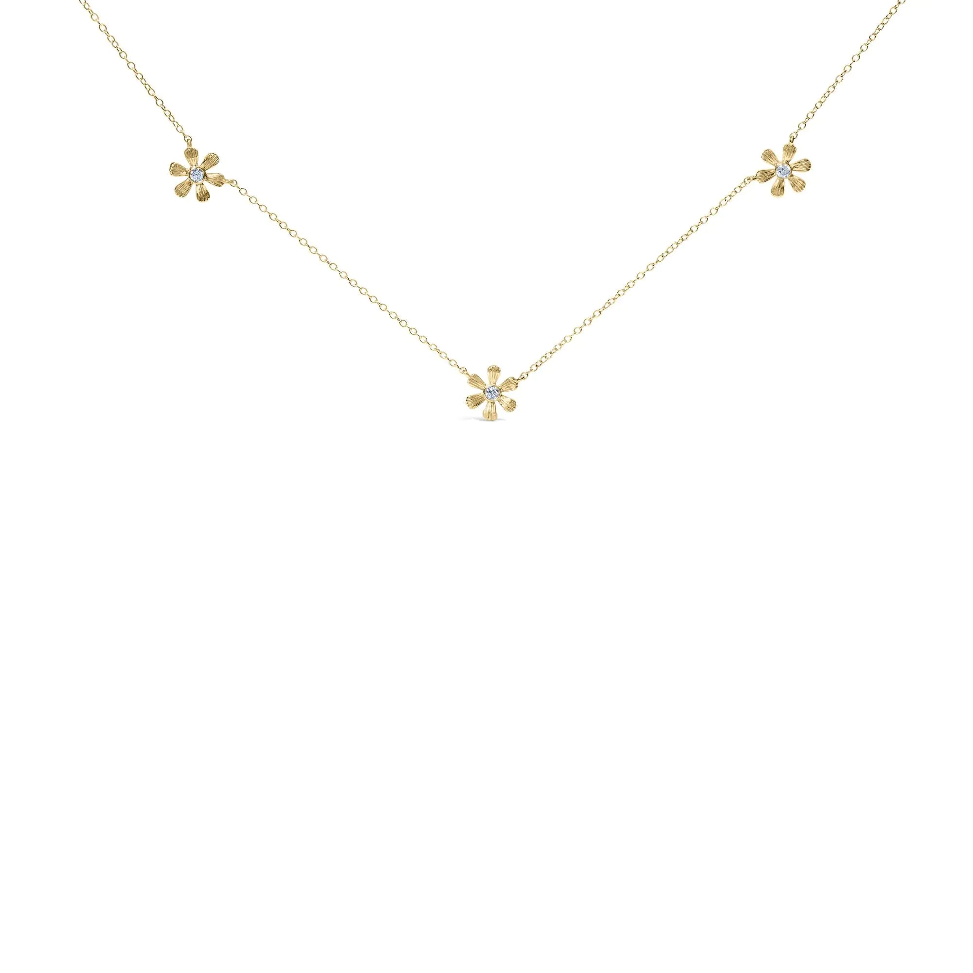 10K Yellow Gold 1/8 Cttw Diamond Floral Station Chain Necklace (I-J Color, I1-I2 Clarity)