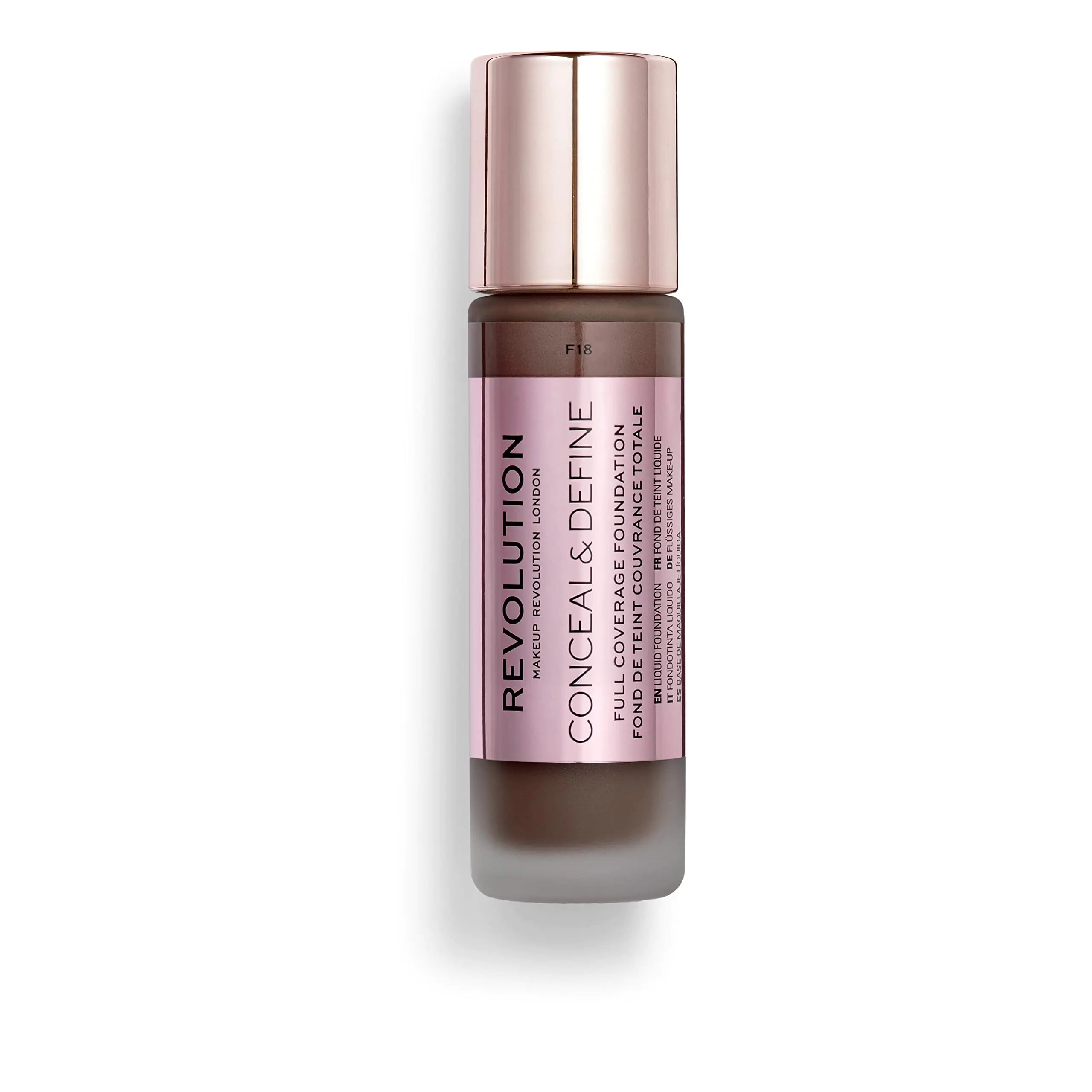 Makeup Revolution Conceal and Define Foundation Full Coverage & Matte Finish F18 for Dark Skin Tones Vegan & Cruelty-Free 0.7 Fl Oz