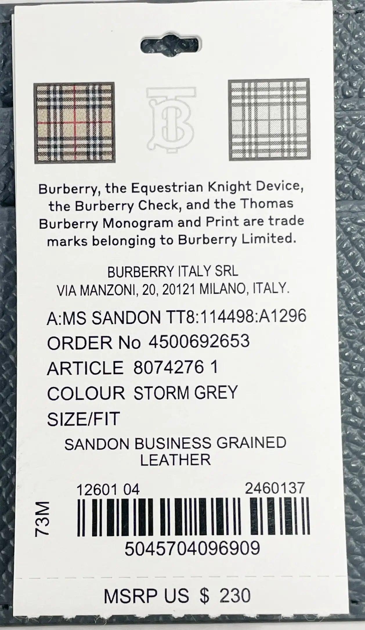 Burberry Sandon Grey Grained Leather Card Case Wallet